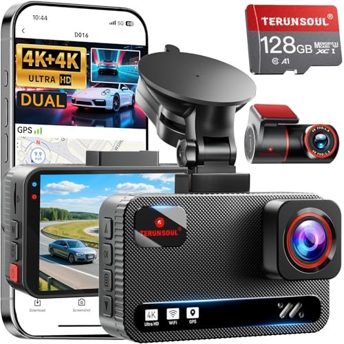 TERUNSOUl 4K+4K Dash Cam Front and Rear, Built-in GPS WiFi.